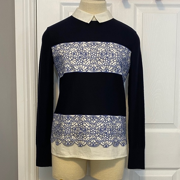 Tory Burch Navy Merino Peter Pan Collar Embroidered Sweater Office Petite S - Picture 2 of 16